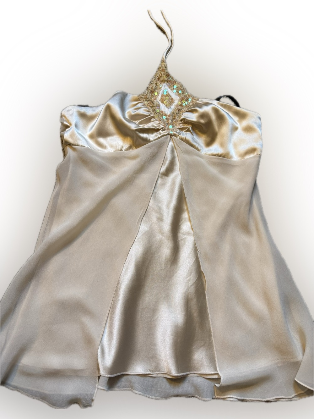 bebe Gold Satin & Chiffon Halter Chemise with Sequin Trim